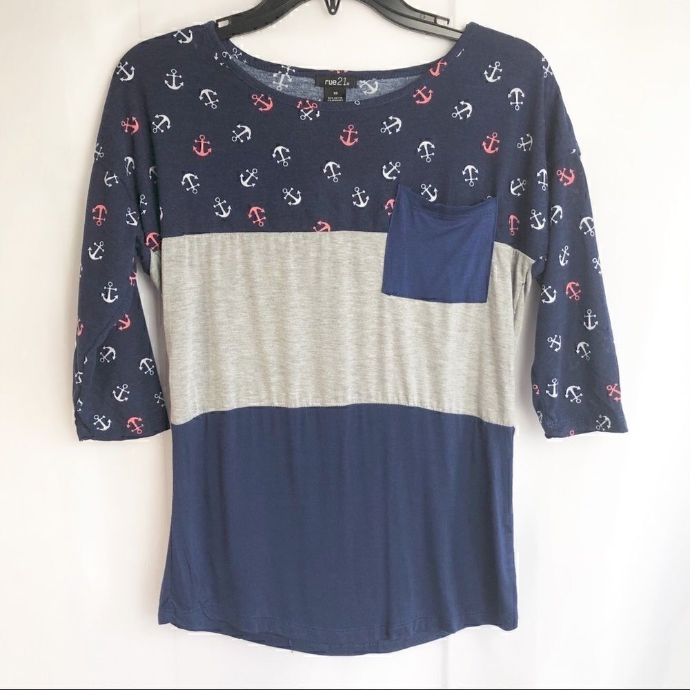 Rue 21, Top, Blue/Grey with Anchor print. XS, NWT